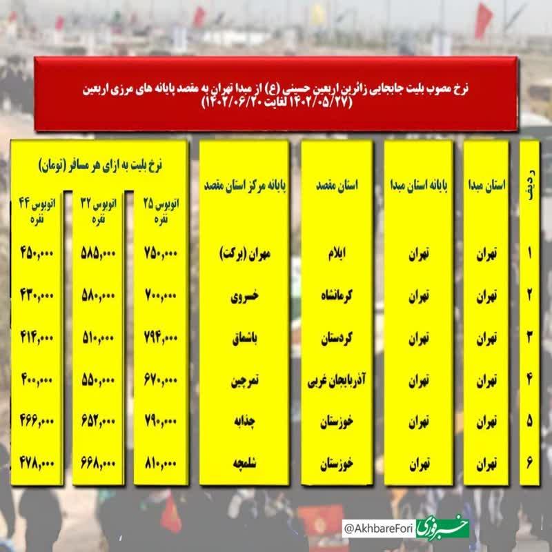 قیمت بلیت اتوبوس‌های تهران به مرزهای عراق در ایام اربعین اعلام شد!